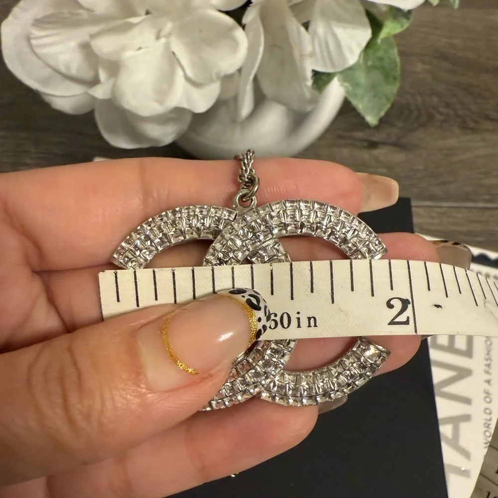CHANEL Large Silver Crystal CC Logo Pendant Necklace - Picture 7 of 10